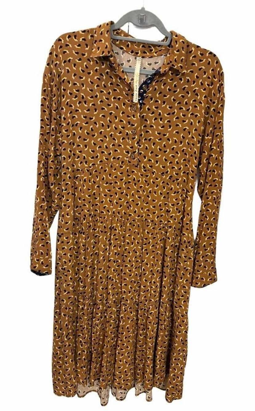 Uncle Frank S/M Mustard Abstract Print Tiered Midi Shirt Dress Made in USA